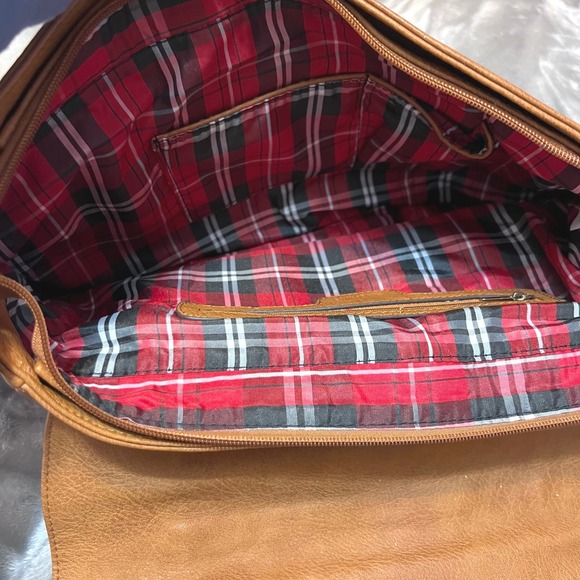 Vintage Style Tan Faux Leather Satchel Bag Plaid Lining Handle Shoulder Strap - Picture 4 of 13